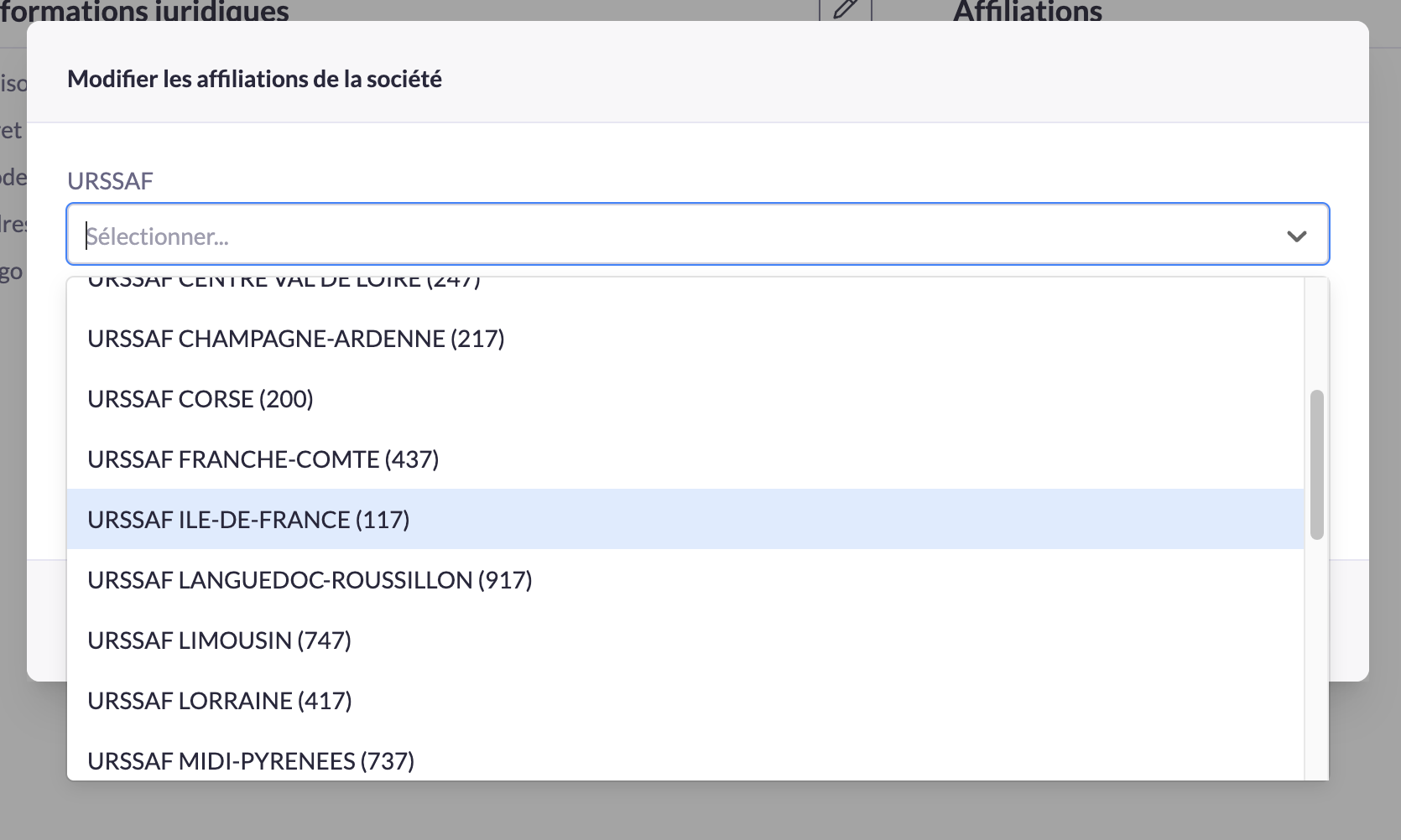 Sélection de l'URSSAF